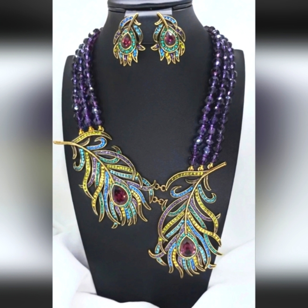 AUTHENTIC Heidi Daus Peacock Feather Necklace and earrings